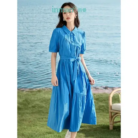 【商场同款】茵曼衬衫领高腰绣花连衣裙2023夏季女装新款A摆长裙商品大图