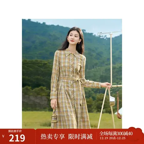 茵曼复古格纹连衣裙2023秋女装新款翻领长袖单排扣系带收腰中长裙图片