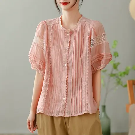 dza 复古蕾丝花边衬衫女2023夏薄款短袖衬衣气质漂亮宽松开衫上衣图片