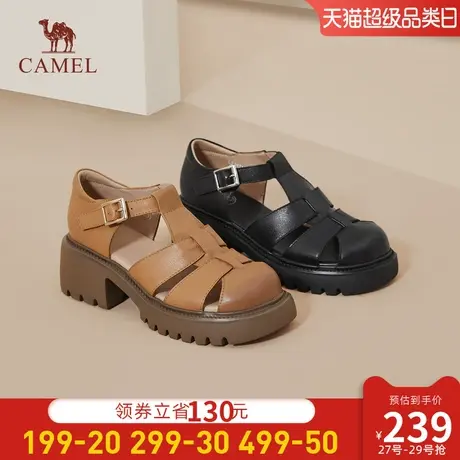 骆驼女鞋2023新款秋冬猪笼鞋经典厚底粗跟包头凉鞋女真皮罗马凉鞋图片