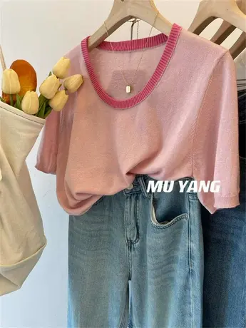 爆显白！粉粉拼撞色领细羊毛针织衫女春夏轻薄舒适短袖百搭上衣潮商品大图