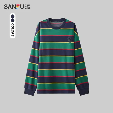 三福2023秋男士撞色复古横条纹长T恤 休闲宽松圆领上衣男477031商品大图