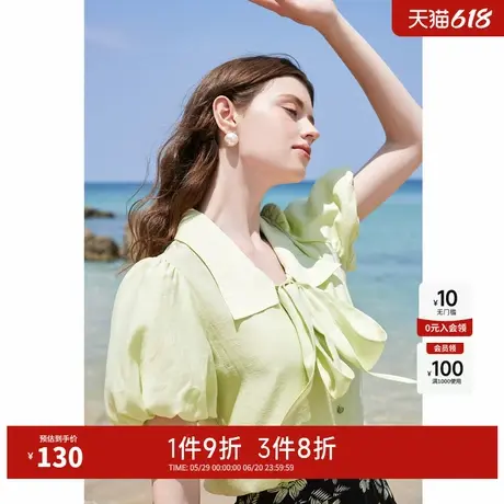 秋水伊人奥莱飘带领复古泡泡袖衬衫夏季新款女装气质甜美上衣图片