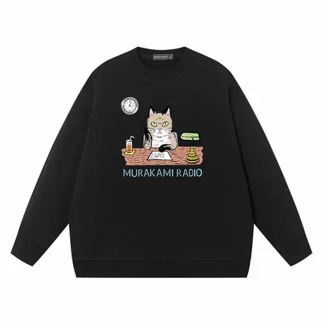 秀洛联名村上春树Murakami Radio手绘小猫咪卫衣男款春秋宽松外套图片
