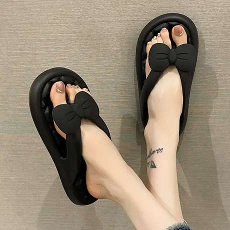 可爱蝴蝶结菱格纹人字拖女夏季时尚外穿夹脚防滑软底踩屎感凉拖鞋商品大图