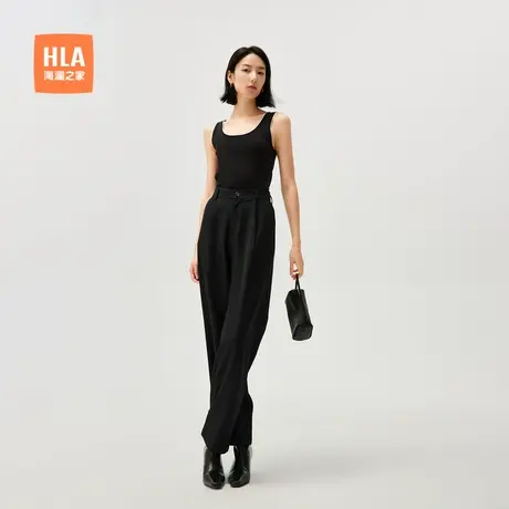HLA/海澜之家商务微弹中腰直筒西裤春秋新款腰部双褶黑色裤子女装商品大图