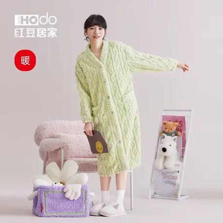 红豆居家珊瑚绒睡袍女秋冬季加厚长款法兰绒睡衣保暖家居服可外穿商品大图
