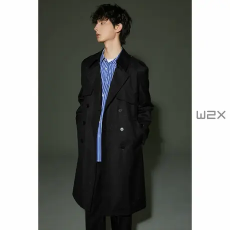 w2x烫金工艺春秋季风衣男中长款2024新款高级感德式翻领外套图片
