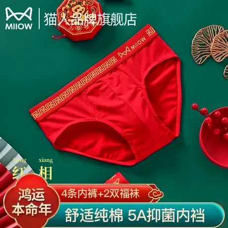 猫人本命年内裤男士三角裤大红色纯棉新年礼物2024属龙年男短裤商品大图