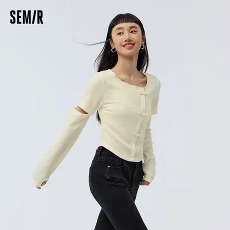 森马长袖T恤女短款修身小个子2024秋季新款国风盘扣肌理白色上衣图片