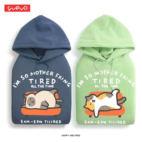 悦游 tired猫 情侣卫衣多巴胺色宽松套头连帽加绒情侣装趣味日系图片
