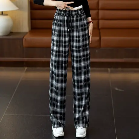 拉夏贝尔2025秋新款慵懒风复古红色格子女松紧腰阔腿裤宽松拖地裤商品大图