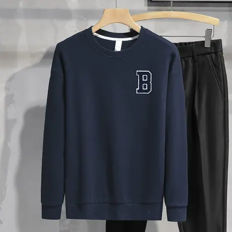 华夫格卫衣男宽松潮流圆领长袖t恤春秋款套头无帽上衣服休闲百搭商品大图