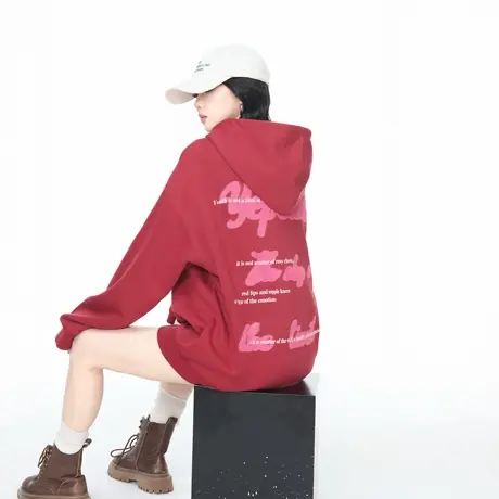 YEP美式复古印花开衫红色拉链卫衣外套女春秋新款宽松情侣款上衣图片