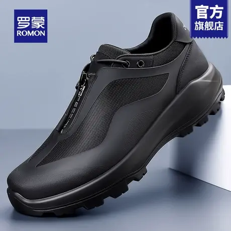 罗蒙运动皮鞋男款2025新款秋季拉链厚底跑步鞋软底黑色休闲增高RM商品大图