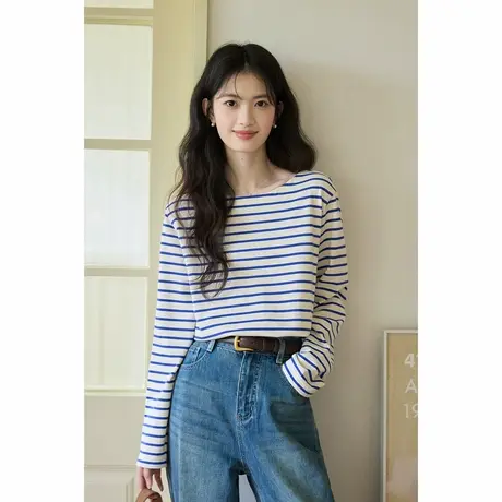 弥古法式一字领长袖蓝白条纹t恤女2025新款秋季外穿打底内搭上衣图片