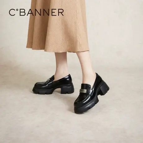 千百度女鞋厚底乐福鞋秋季新款时尚增高JK鞋潮流黑色小皮鞋图片