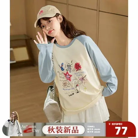 8.15/20点 上新唐狮2025秋新款长袖T恤女圆领撞色插肩袖彩色图案图片
