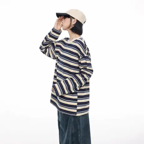 美式复古撞色条纹圆领长袖T恤女春秋新款宽松oversize情侣款上衣商品大图