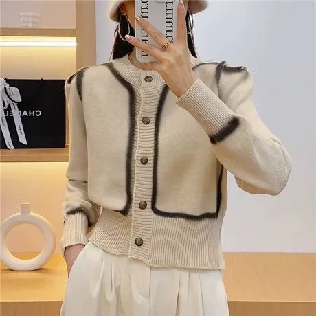 2023秋冬新款小香风短款针织外套长袖圆领撞色设计感小众外搭上衣图片