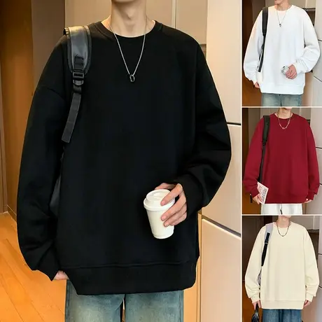圆领卫衣男春秋季新款纯色休闲无帽上衣ins简约高街潮牌男装外套商品大图