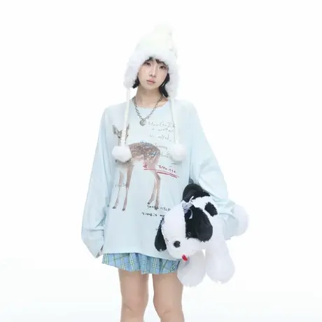 美式潮牌梅花鹿印花圆领长袖T恤女秋冬新款宽松打底衫情侣款上衣商品大图