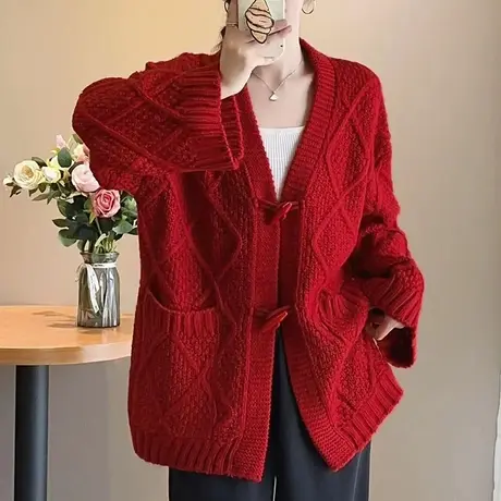 秋装2023新款韩版宽松慵懒风粗毛线加厚复古红针织开衫毛衣女外套商品大图