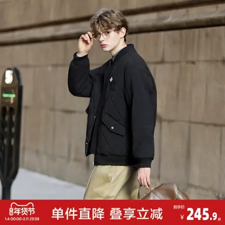 唐狮2026秋冬季男棒球领短款棉衣菱形格设计感时尚百搭黑色棉服商品大图