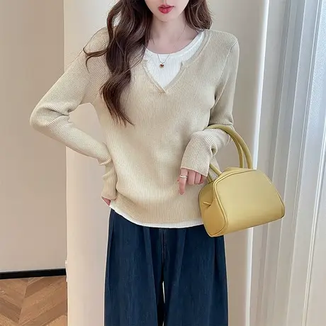 唐狮秋冬气质假两件套头针织衫女春秋外穿温柔显瘦百搭上衣女tu图片
