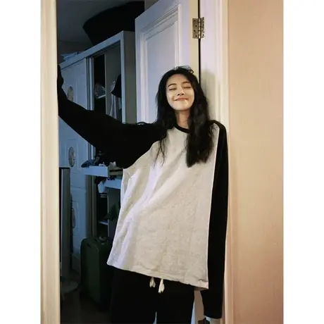 撞色插肩长袖t恤女2023新款春秋季宽松内搭打底衫可外穿上衣体恤商品大图