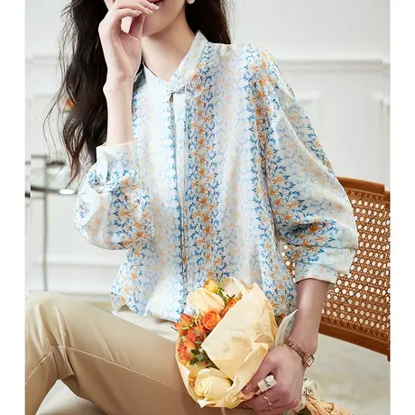 宝诗黎小立领印花桑蚕丝长袖衬衫女2023夏季新款宽松休闲真丝衬衣商品大图