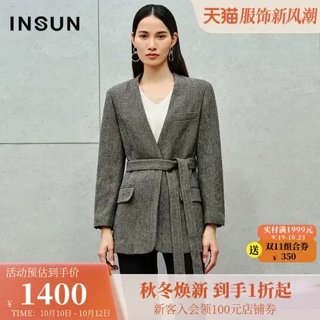 恩裳2023冬装新款气质简约无领设计一粒扣挺阔垫肩羊毛西装外套女商品大图
