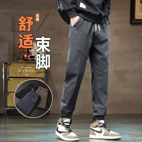 秋冬季潮牌痞帅高级感拼接束脚美式工装春秋款男装小脚休闲长裤子商品大图