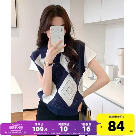 唐狮休闲格子毛衣马甲2023秋季新款叠穿背心今年流行爆款毛衣PO图片