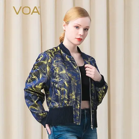 VOA真丝金黄云纹色织提花半高领长袖褶皱收口商务桑蚕丝短外套图片