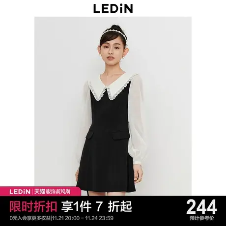 乐町V领连衣裙23年秋季新款黑白撞色连衣裙荷叶边尖领通勤连衣裙商品大图