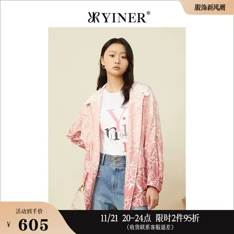 YINER音儿女装春季LOGO印花拉链连帽中长款风衣外套图片