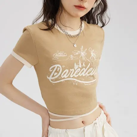bm甜辣短款漏肚脐绑带上衣女收腰设计感短袖潮牌t恤设计感小众图片