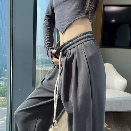 深灰色运动卫裤女2024春秋季新款裤子宽松高腰显瘦束脚哈伦休闲裤商品大图