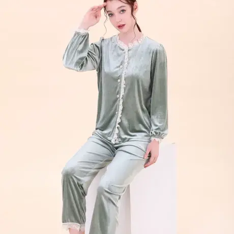 金丝绒睡衣女2024新款秋冬季珊瑚绒保暖家居服可外穿天鹅绒套装商品大图