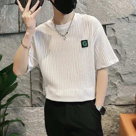 短袖t恤男夏季时尚条纹褶皱设计感潮流半袖上衣潮牌潮男百搭体恤商品大图