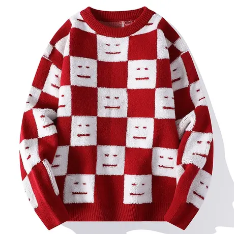 格子红色毛衣男士圆领韩版潮流情侣装长袖针织打底衫羊毛衫毛线衣图片