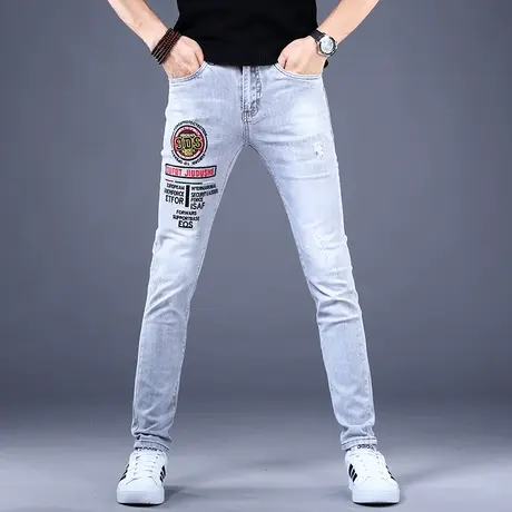 性价比男士刺绣牛仔裤男款2023新款休闲修身小脚裤子弹力高端潮牌商品大图
