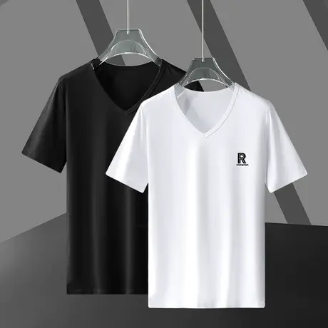 莫代尔短袖t恤男潮牌潮流v领上衣服体恤冰丝冰感夏季半袖简约百搭商品大图