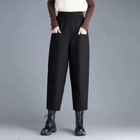 大码宽松羽绒裤女冬季2023新款松紧腰九分哈伦裤加绒保暖休闲裤子图片