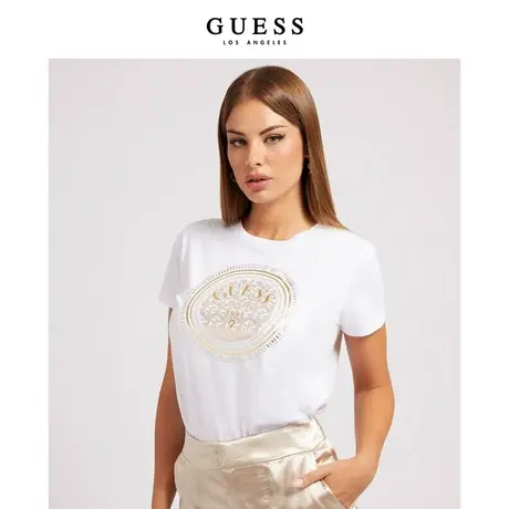 【38上新季】GUESS早女法式印花宽松舒适圆领短袖正肩T恤上衣商品大图