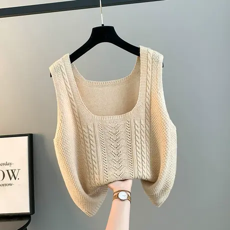 复古叠穿上衣秋冬女士无袖毛衣马甲百搭宽松U型领麻花针织衫背心图片