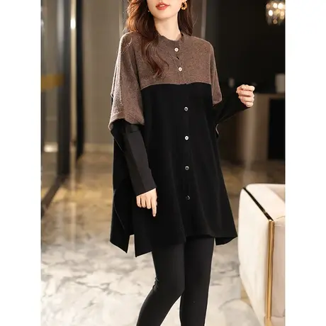 宝诗黎撞色拼接中长羊毛针织开衫女时尚小众蝙蝠袖上衣2023秋新款商品大图