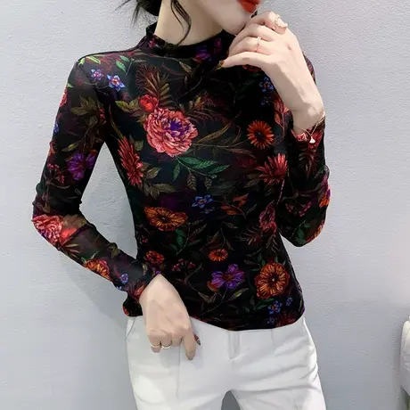 半高领网纱打底衫女秋冬减龄妈妈装复古印花上衣气质显瘦长袖T恤图片