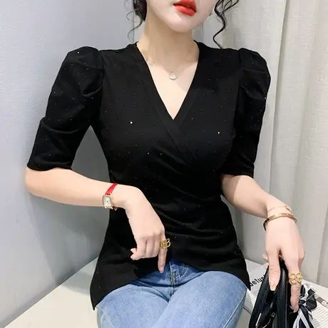 欧货性感V领T恤女短袖2024夏季新款设计感开叉上衣洋气泡泡袖小衫商品大图